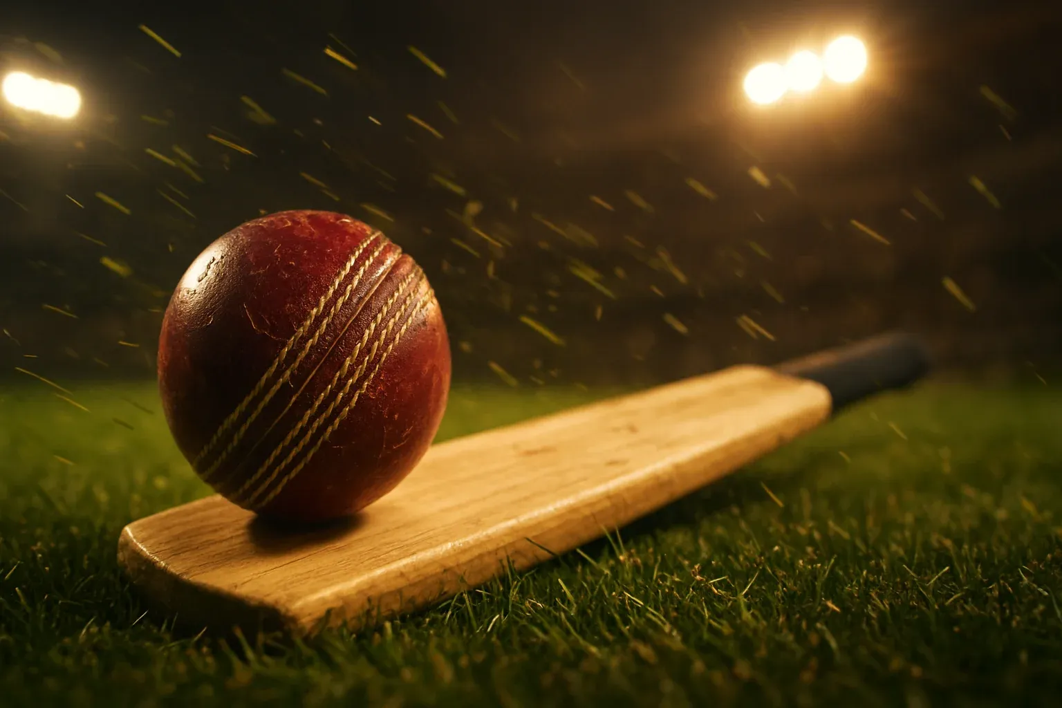 Cricket ball and bat on green turf under stadium floodlights